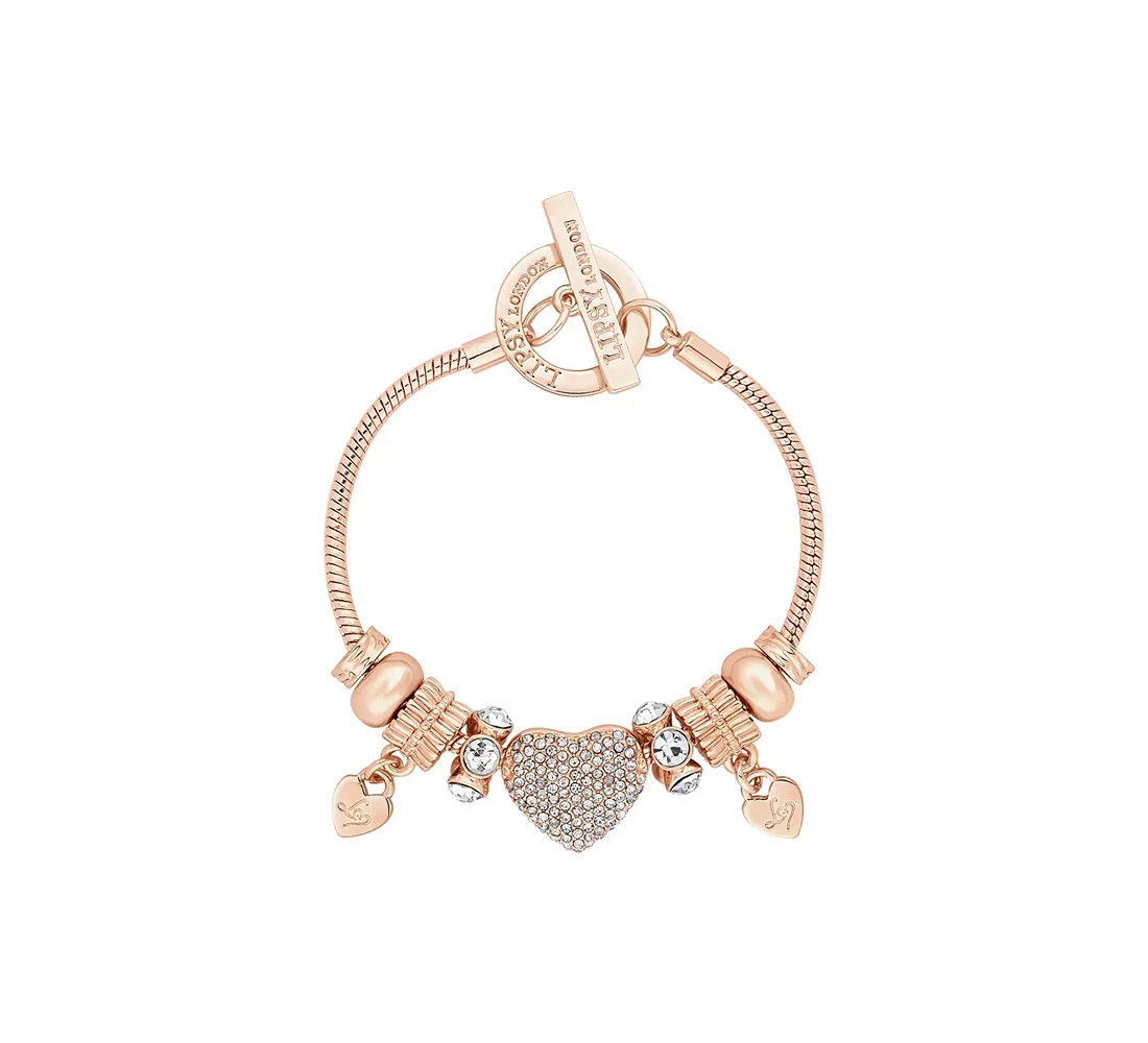 Lipsy Gold Colour Crystal Pave Heart Charm T-Bar Bracelet