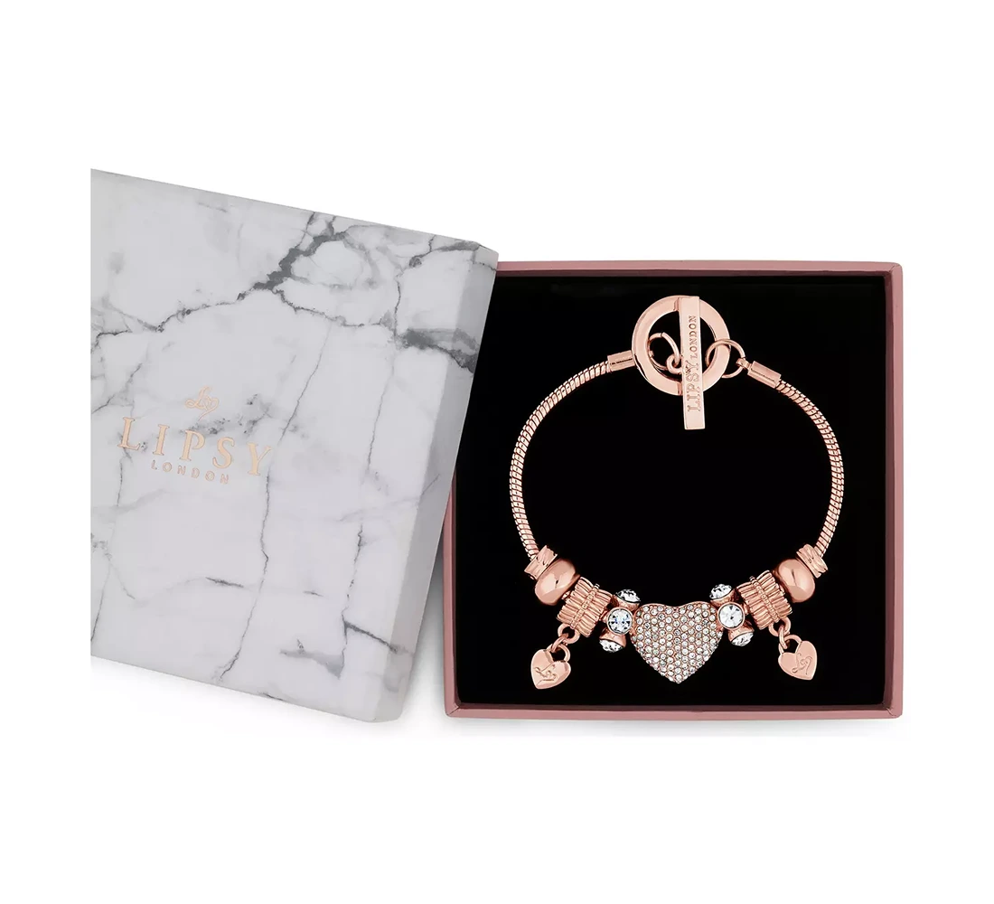 Lipsy Gold Colour Crystal Pave Heart Charm T-Bar Bracelet - Image 3
