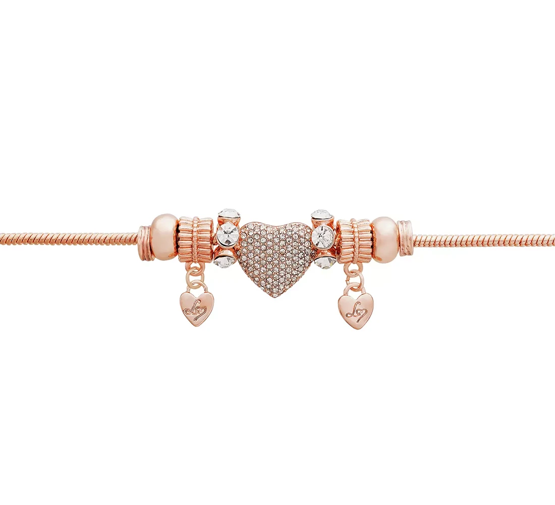 Lipsy Gold Colour Crystal Pave Heart Charm T-Bar Bracelet - Image 4